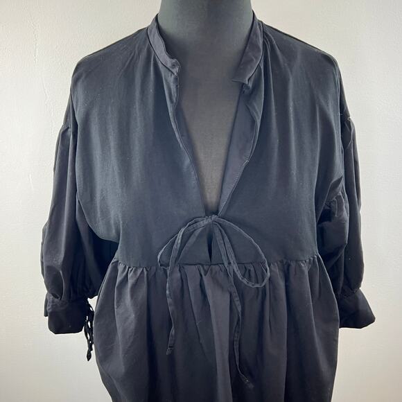 ZARA Black S Poplin Blouse Drawstring Rib V-Neck Ruffle Sleeves Pullover Regular - Picture 4 of 10